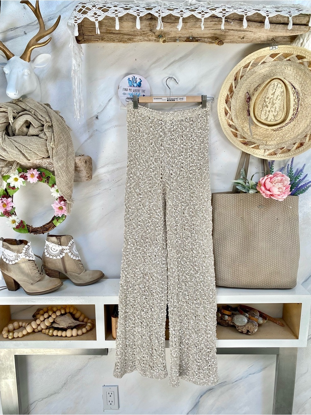 Made in IRELAND LINEN hand loomed boho knit flair pants w cottagecore beach vibe